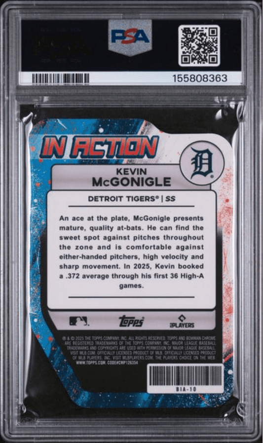 Back of graded baseball card in PSA case showing Kevin McGonigle Detroit Tigers rookie card with blue and red design, player bio text, and PSA certification number 155808363.