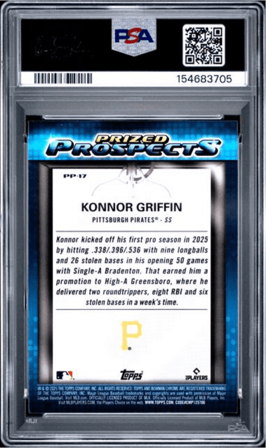 PSA-graded baseball card in clear holder showing Konnor Griffin front side with blue Prized Prospects banner and Pirates logo.