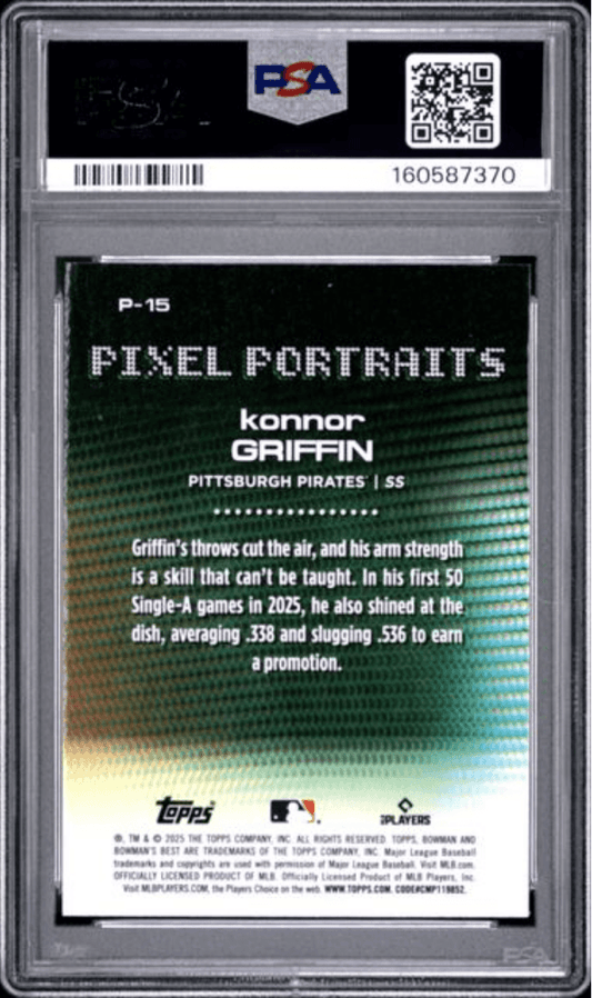 Reverse side of graded baseball card showing Konnor Griffin text and biography on black background with teal pixel pattern gradient, PSA certification label visible at top.