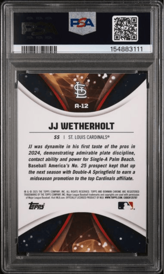 Back of graded baseball card in PSA holder showing JJ Wetherholt text, Cardinals logo, and player biography on white background.