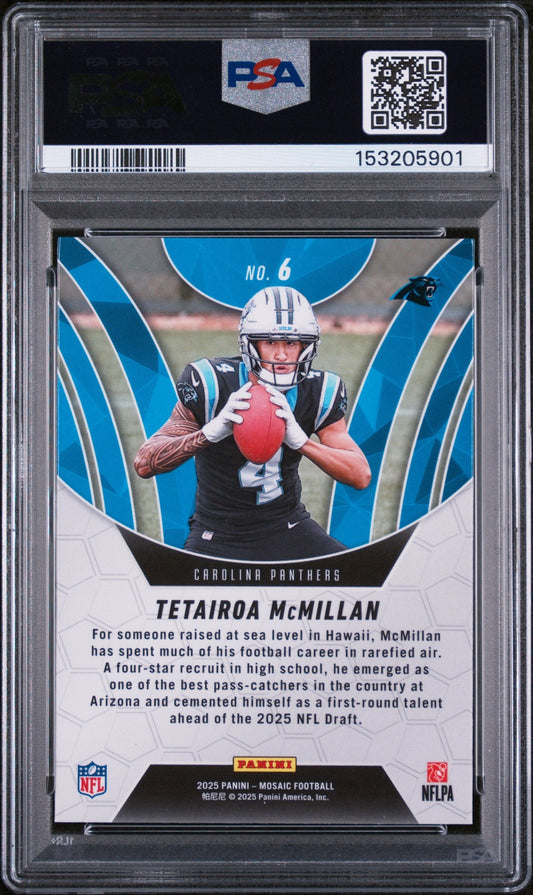 PSA-graded trading card in clear plastic case displaying Carolina Panthers receiver Tetairoa McMillan in blue uniform holding football, with player bio text and Panini branding visible below.