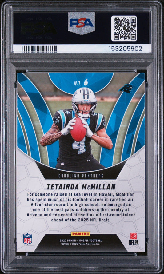 PSA-graded rookie football card featuring Tetairoa McMillan in Carolina Panthers uniform holding red football, blue mosaic design background, card number 6 visible.