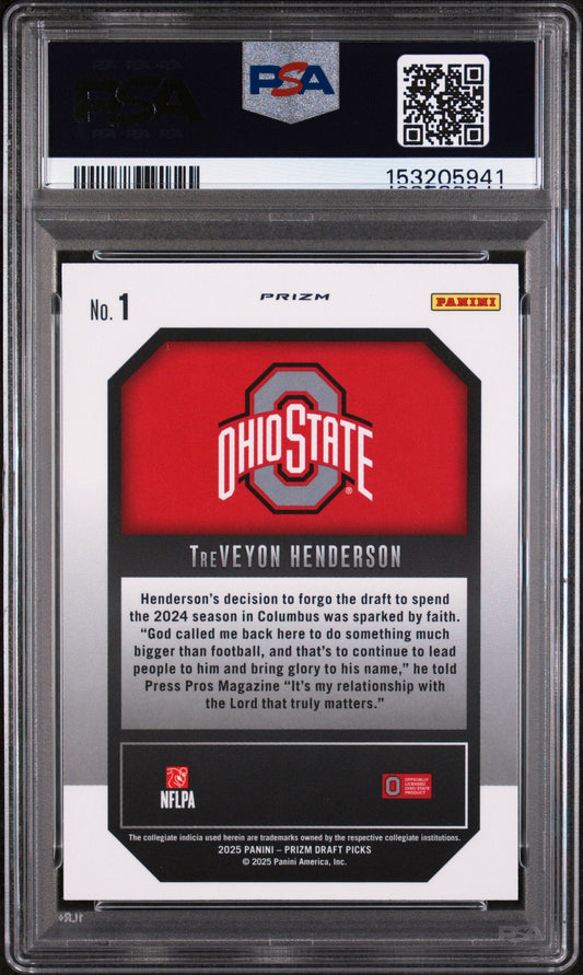 PSA-graded trading card in clear plastic case displaying TreVeyon Henderson's Ohio State rookie card with red background and printed biography text.