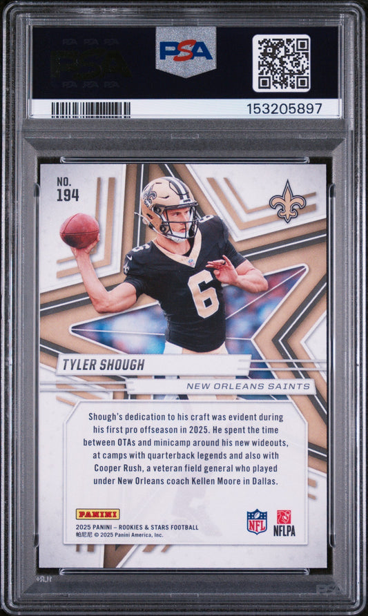 PSA-graded trading card in clear case showing Tyler Shough in New Orleans Saints uniform throwing football, card number 194 visible with biographical text below.