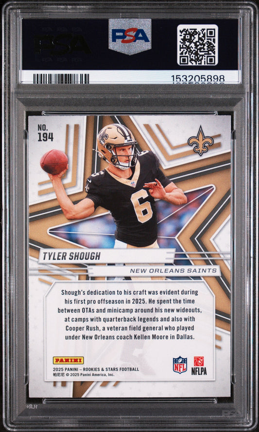 PSA-graded trading card in clear case showing Tyler Shough rookie card front with quarterback photo, New Orleans Saints logo, and biographical text on white background.
