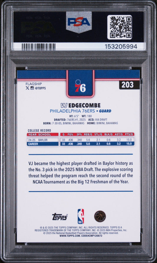 Back of 2025 Topps VJ Edgecombe rookie card in PSA graded holder showing player stats, college record, and career information on white background.