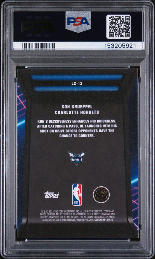 Back of graded PSA 10 basketball card showing Kon Knueppel Charlotte Hornets rookie card in clear plastic PSA holder with barcode label.