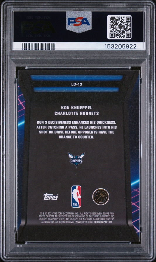 Back of PSA-graded 2025 Topps Chrome Kon Knueppel rookie card in clear case showing black card back with white text and Charlotte Hornets logo.