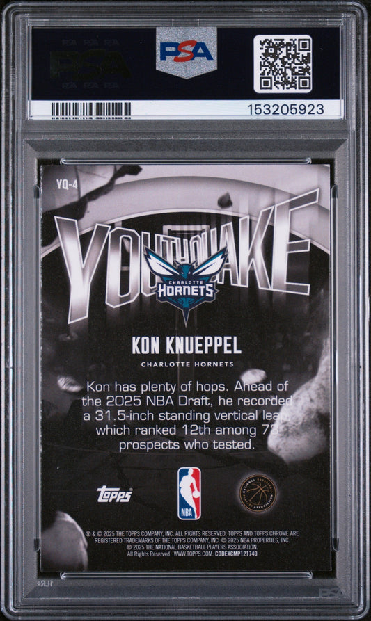 Back of graded PSA 10 basketball card showing Kon Knueppel Charlotte Hornets rookie with black background and white text.