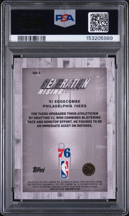 Back of PSA-graded 2025 Topps Chrome VJ Edgecombe rookie card showing purple-toned design with player description text and NBA 76ers logo.