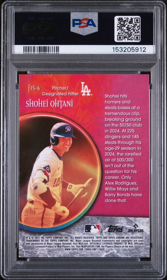 Back of graded baseball card showing Shohei Ohtani in Los Angeles Dodgers uniform against red gradient background with text and PSA certification label.