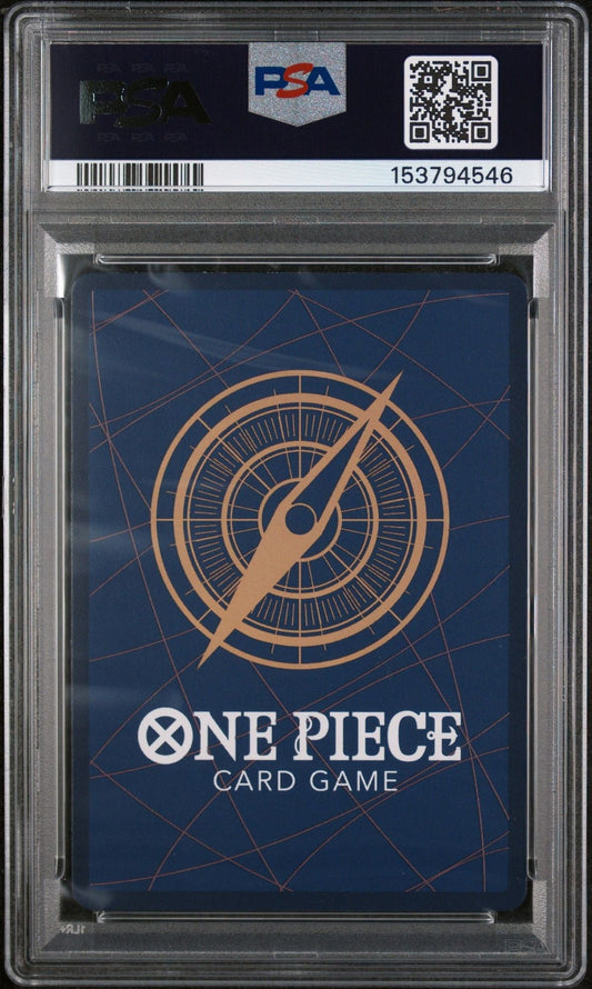 PSA-graded One Piece trading card in clear case showing blue back with compass design and white "One Piece Card Game" text.
