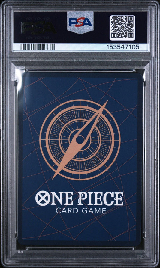 PSA-graded One Piece Card Game tin pack with compass design on dark blue back, displayed front-facing in clear protective case.