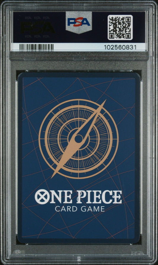 PSA-graded One Piece Card Game back showing blue card back design with gold compass rose and red geometric lines.
