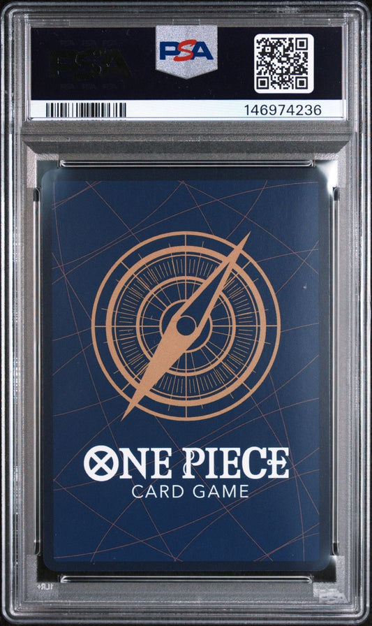 PSA-graded One Piece card in clear plastic slab showing blue card back with orange compass design and white game title text.
