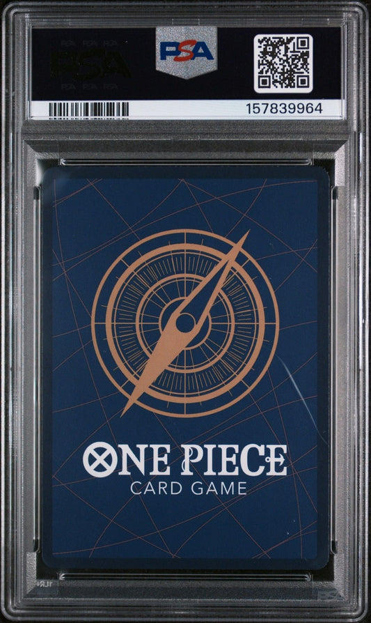 PSA-graded One Piece Card Game booster pack sealed in transparent case, showing blue back design with copper compass logo and white text.