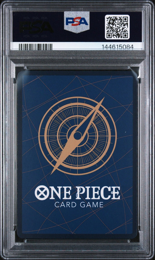 PSA-graded One Piece Card Game booster pack back showing blue design with compass logo and white text.