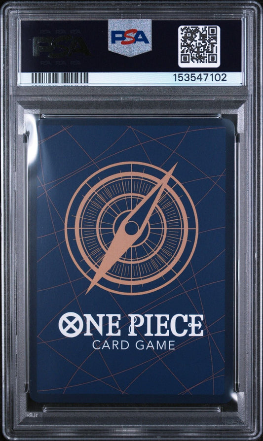 PSA-graded One Piece Card Game booster pack sealed in clear plastic holder, displaying compass logo and blue card back design.