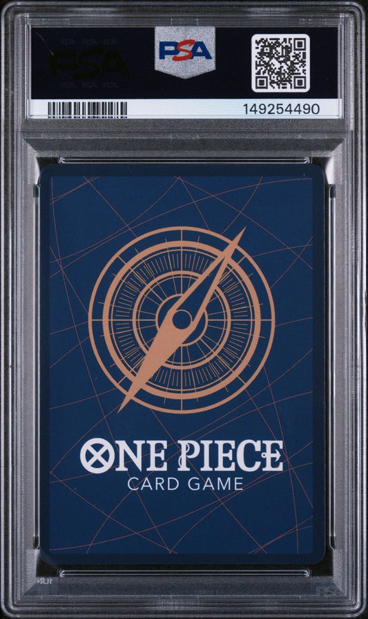 PSA-graded One Piece trading card in clear plastic slab showing blue card back with orange compass logo and white text.