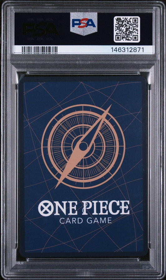 PSA-graded One Piece trading card in clear plastic slab showing blue card back with compass rose design and white text.