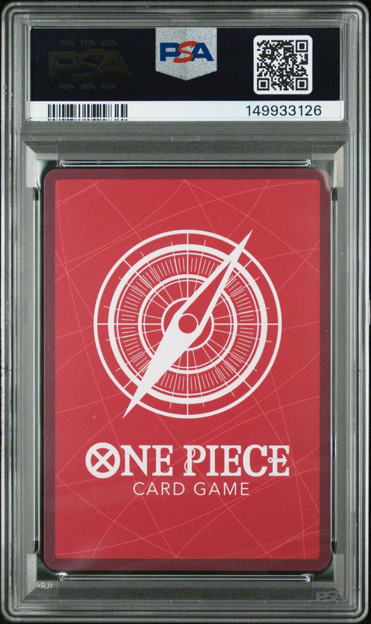 PSA-graded One Piece trading card in clear plastic slab showing red card back with white compass logo and game title.