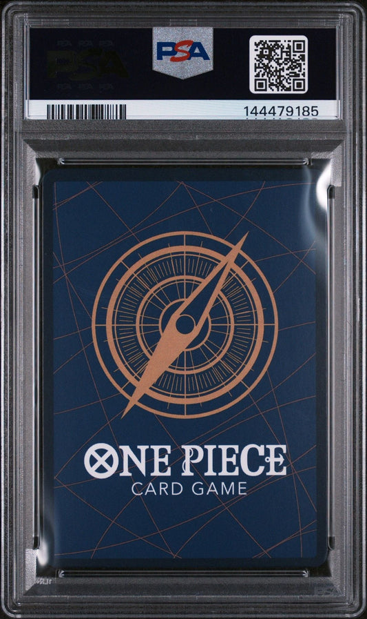 PSA-graded One Piece trading card sealed in clear plastic case, displaying compass design on blue card back with orange geometric lines.