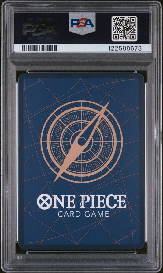 PSA-graded One Piece Card Game back featuring compass design on dark blue background with red geometric lines.