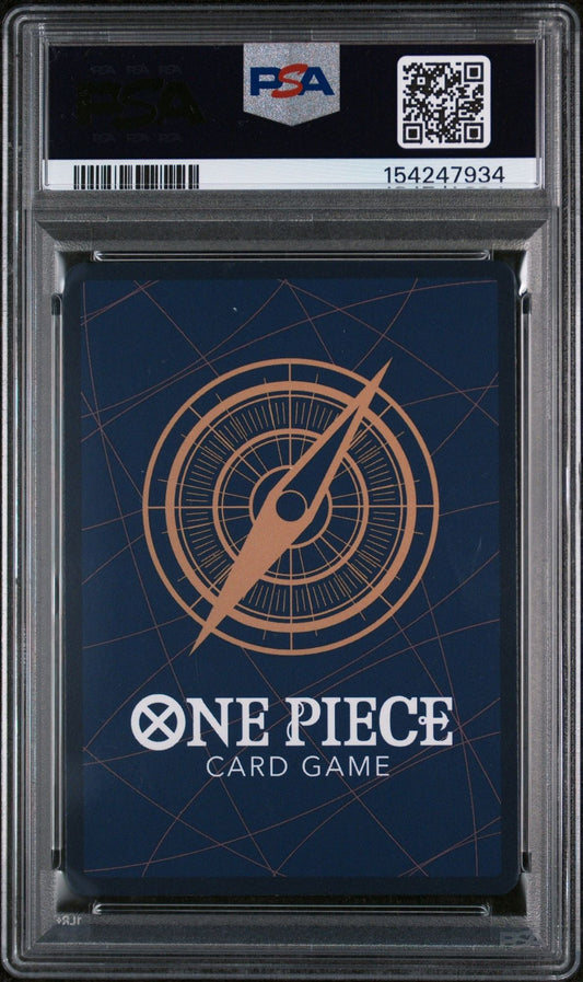 PSA-graded One Piece trading card in clear plastic case showing blue card back with orange compass design and white "ONE PIECE CARD GAME" text.