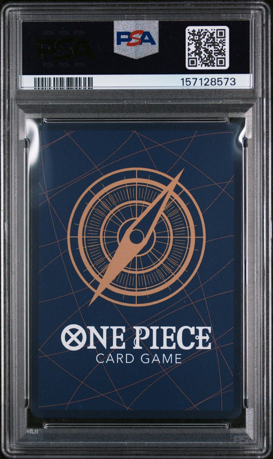 PSA-graded One Piece trading card in clear plastic case, displaying compass design card back with orange and blue coloring.