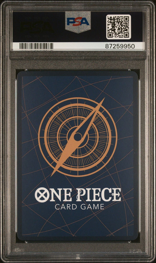 PSA-graded One Piece trading card in protective case showing blue card back with orange compass design and white text.