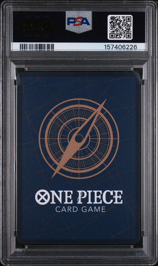 PSA-graded One Piece trading card in clear plastic slab showing card back with compass logo and game title on dark blue background.
