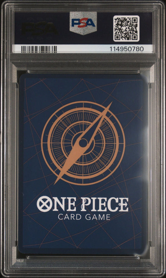PSA-graded One Piece trading card in clear plastic case showing blue card back with orange compass design and white game title text.