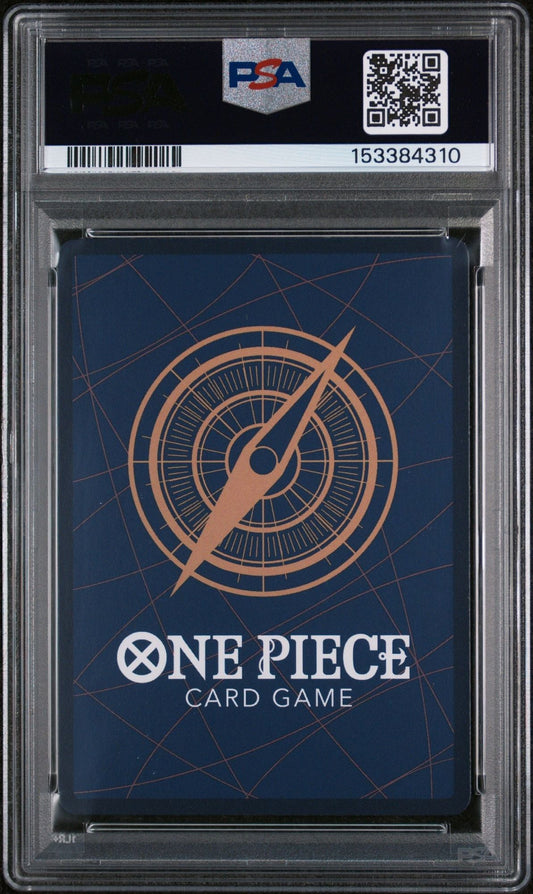 PSA-graded One Piece trading card in protective case, showing compass design on blue packaging with white text and orange illustration.