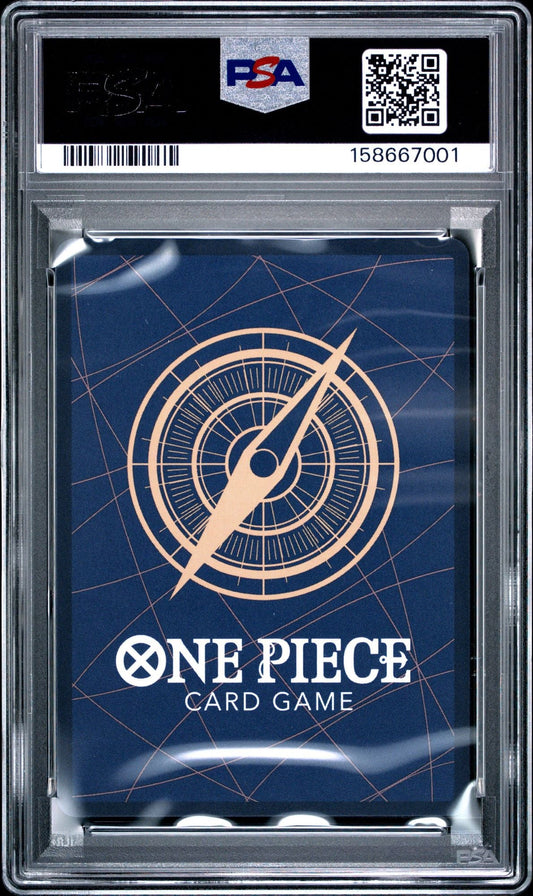 PSA-graded One Piece trading card in clear plastic slab showing blue card back with compass logo and white text.
