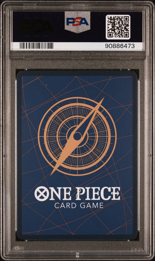 PSA-graded One Piece trading card in clear plastic case showing blue card back with compass design and white "ONE PIECE CARD GAME" text.