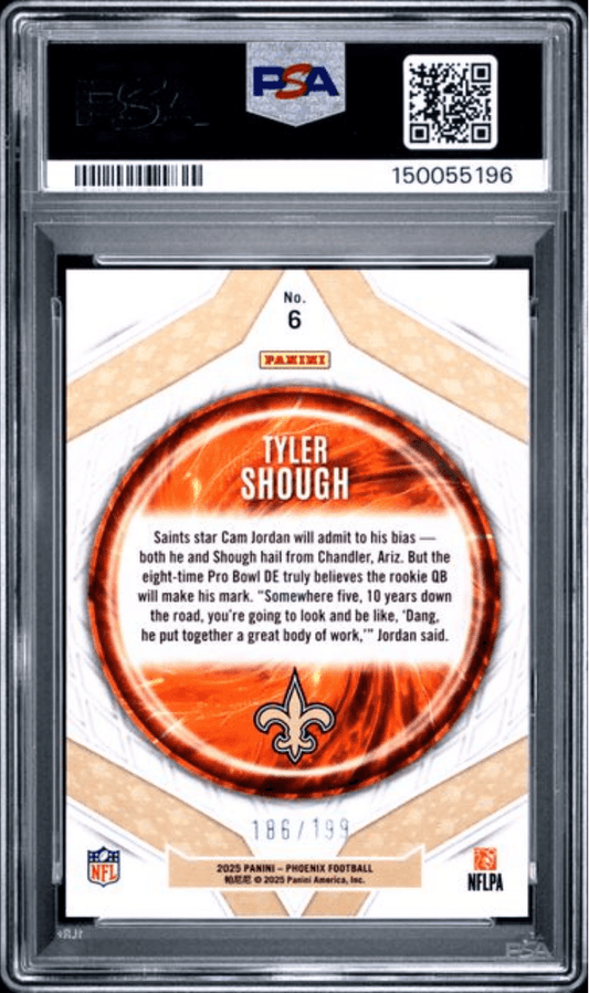 PSA-graded Tyler Shough rookie card in clear plastic case displaying orange circular design with Saints fleur-de-lis logo and biographical text.