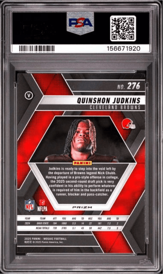 Front of graded trading card showing Quinshon Judkins in Cleveland Browns uniform within red and black geometric design frame, PSA certification number visible at top.