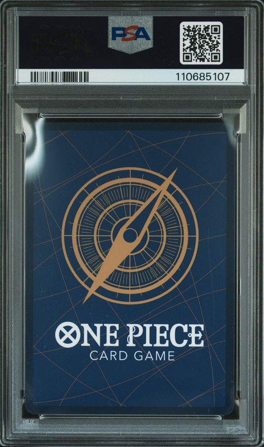 PSA-graded One Piece trading card booster pack sealed in clear plastic case showing compass logo and blue card back design.