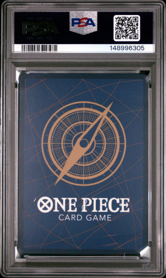 PSA-graded One Piece trading card in clear plastic case showing blue back with compass design and white text.