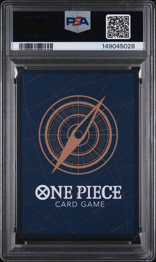PSA-graded One Piece Card Game booster pack showing compass logo and blue card back design in protective case.