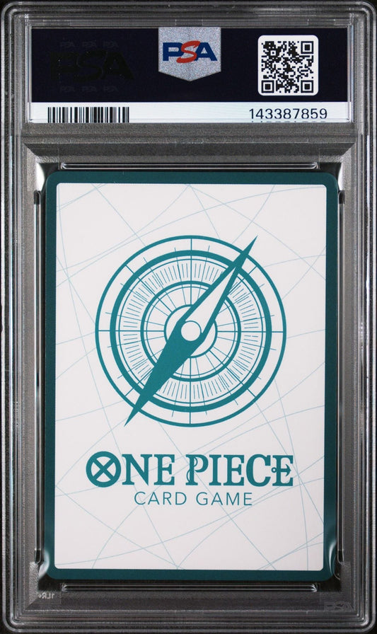 PSA-graded One Piece Card Game back side showing compass logo and teal border in protective slab.