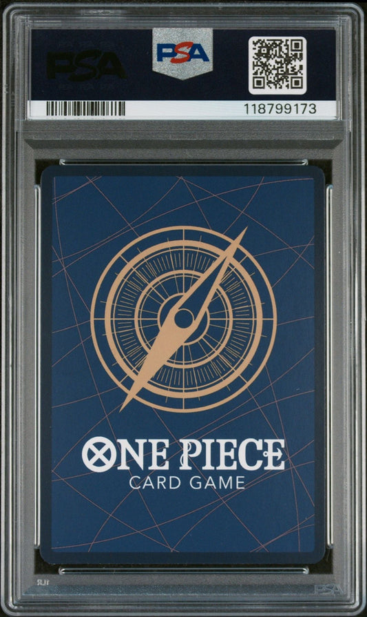 PSA-graded One Piece trading card in protective case showing blue back design with compass rose and gold logo.