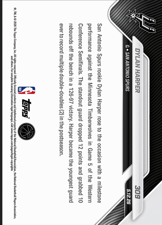Back of 2025 Topps Now Dylan Harper basketball card showing player statistics and career highlights text on white background with black striping.