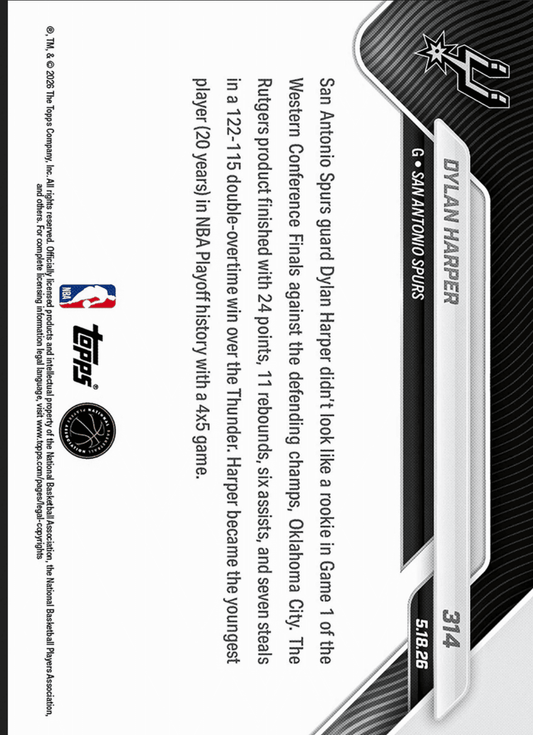 Back of basketball card showing card number 314 with gold foil treatment and product details text against black and white striped design.