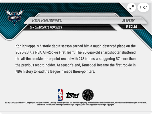 Front of Kon Knueppel basketball card showing player name, Charlotte Hornets logo, and text describing his rookie season achievements.