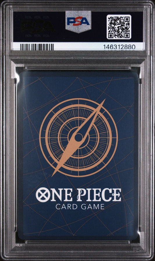 PSA-graded One Piece trading card in protective case, showing blue card back with compass design and white text.