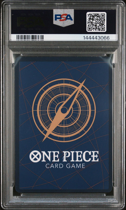 PSA-graded One Piece trading card in protective slab showing blue card back with compass rose design and white game title text.