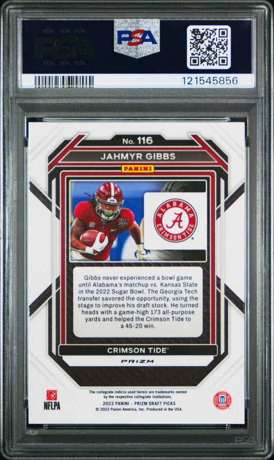 PSA-graded 2023 Panini Prizm Jahmyr Gibbs rookie card showing player in Alabama uniform within protective case.