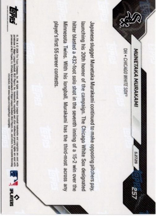 Reverse side of baseball card showing printed text and statistics on white background with black foil accents and MLB Players Association logo.