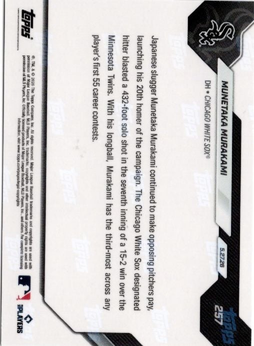 Reverse side of baseball card showing black and white text describing Munetaka Murakami's rookie home run record, with MLB and Topps logos visible.